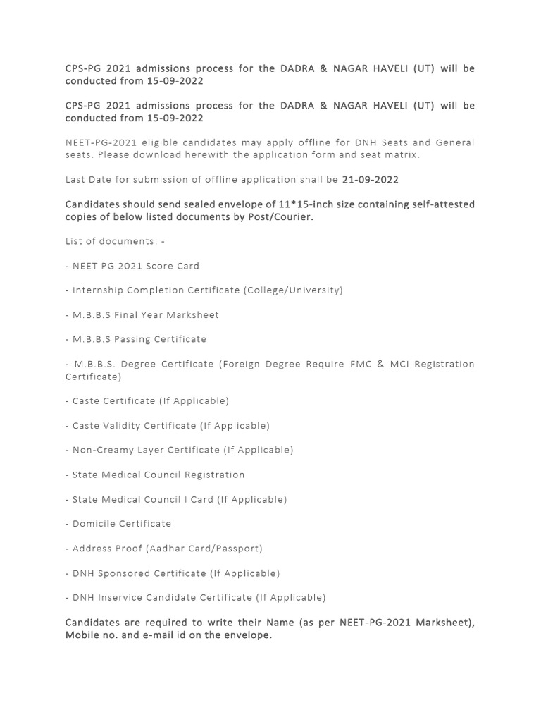Eligibility Criteria For CPS Admission For Academic Year 2021-22 | PDF