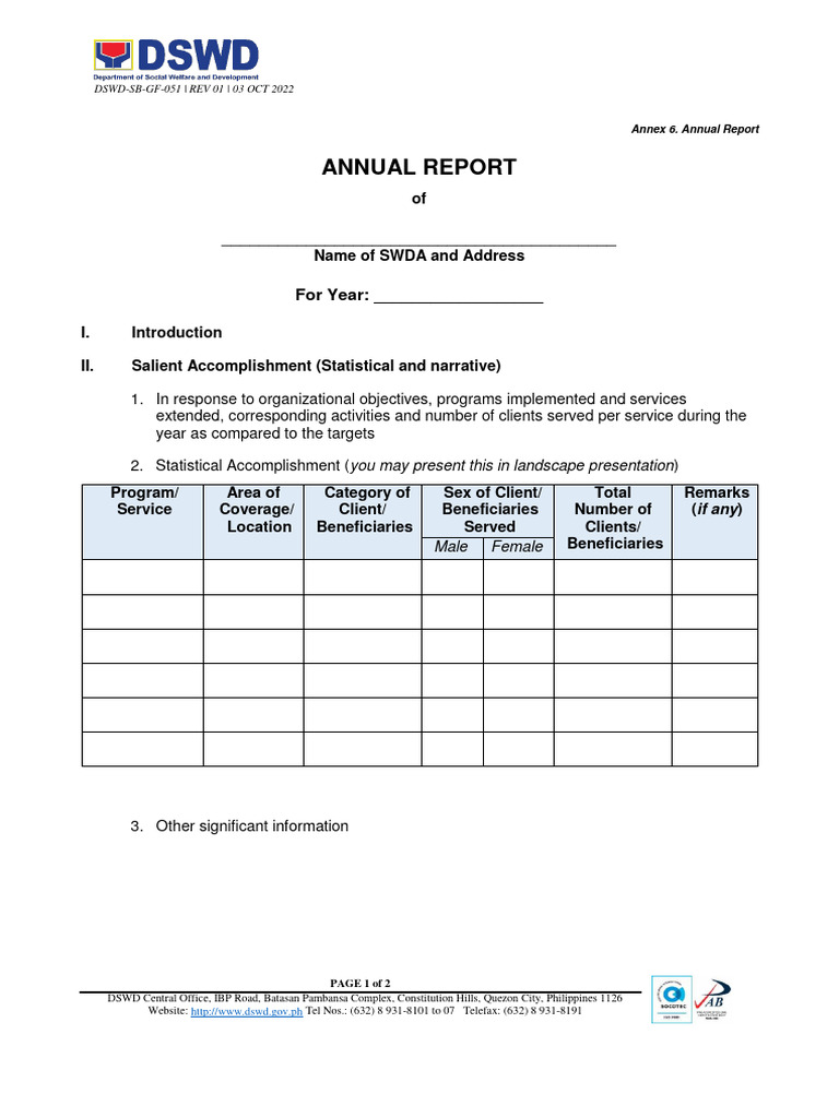 DSWD Annual Report Template | PDF | Government