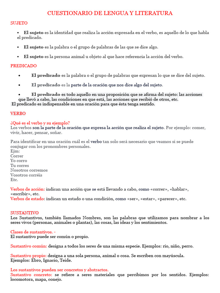 Cuestionario de Lengua y Literatura | PDF | Verbo | Asunto (gramática)