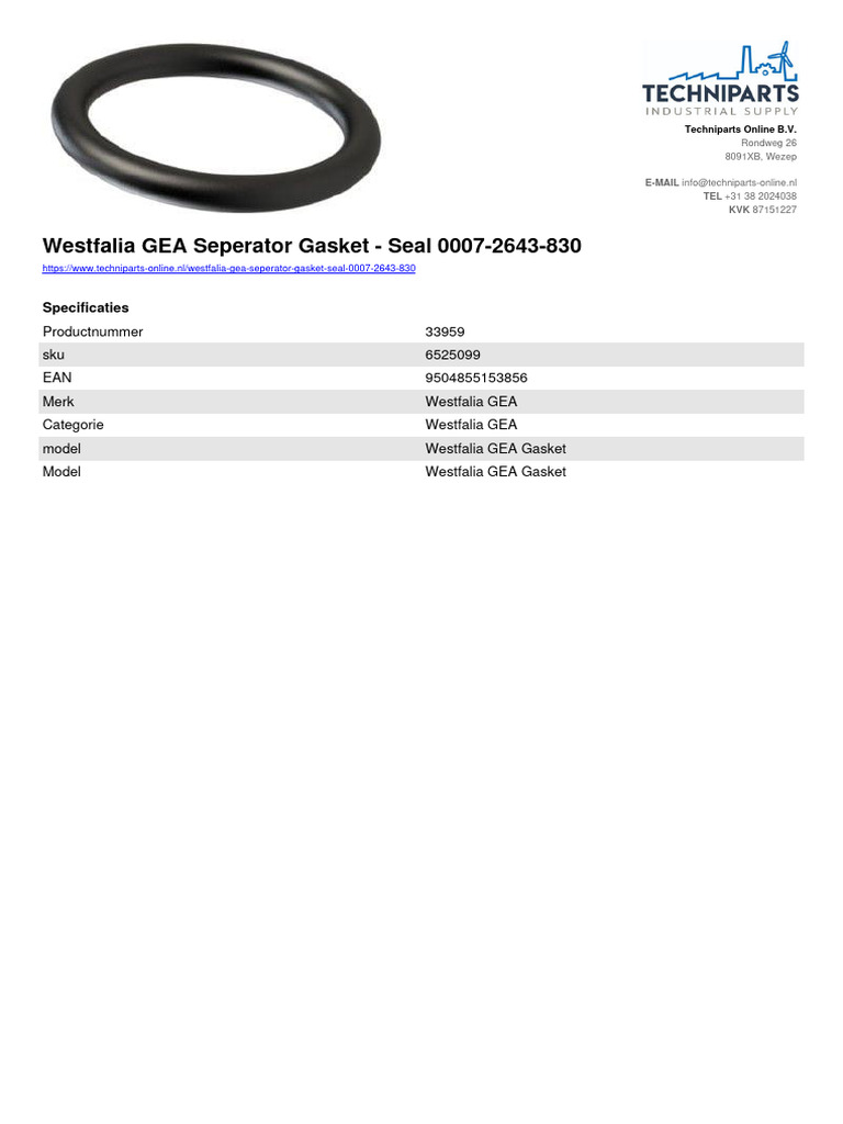 Westfalia GEA Separator Gasket Details | PDF
