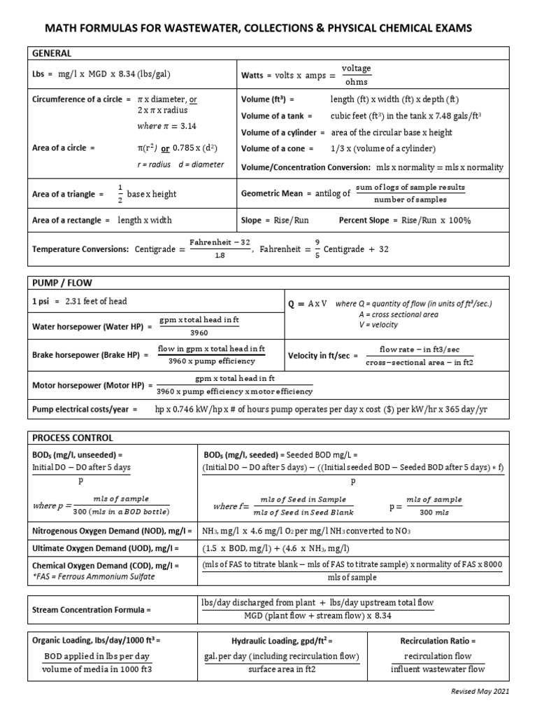 Wastewater Math Formulas Guide | PDF | Environmental Engineering ...