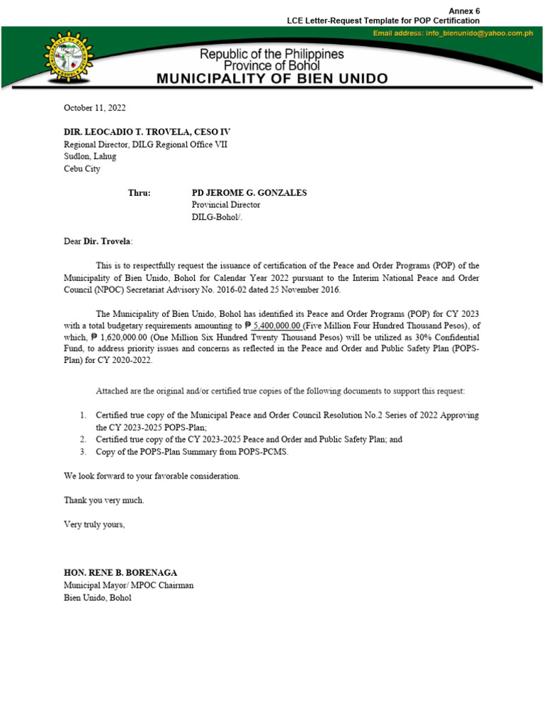 POP Certification Request for Bien Unido | PDF