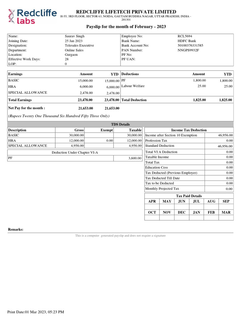 Payslip Feb 2023 PDF Tax Deduction Taxes