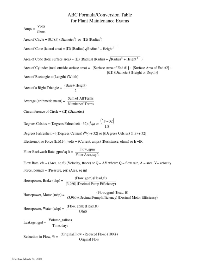 Plant Maintenance Exam Conversion Table | PDF | Area | Horsepower