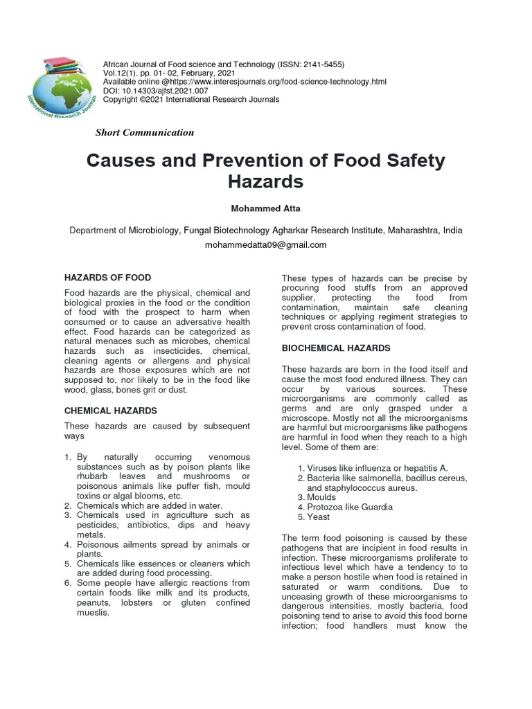 Causes and Prevention of Food Safety Hazards | Download Free PDF ...