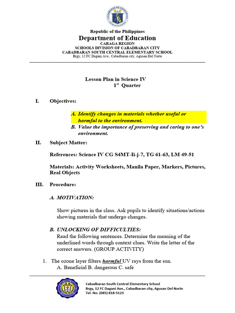 Science IV Lesson Plan: Environmental Changes | PDF | Social Science ...