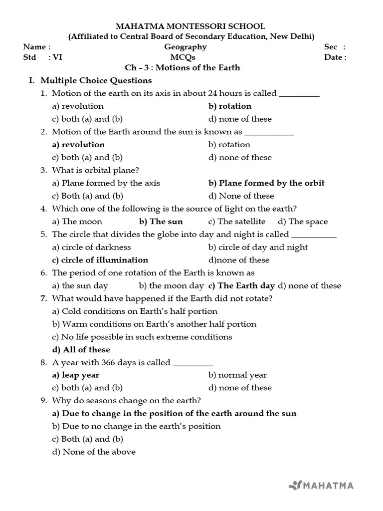 VI Geography LN 3 & 4 MCQs | PDF | Earth | Map