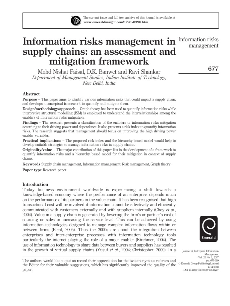 Managing Information Risks in Supply Chains | PDF | Supply Chain ...