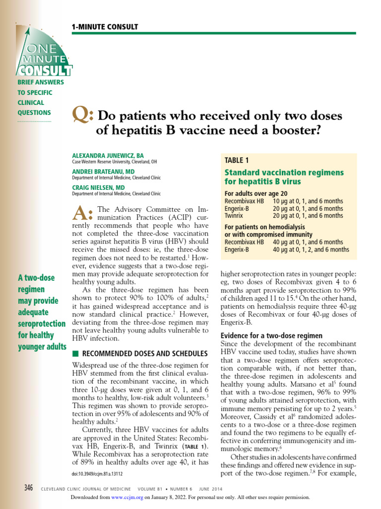 Do Patients Who Received Only Two Doses of Hepatitis B Vaccine Need A ...