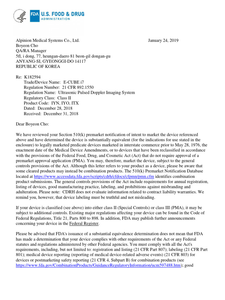 FDA Substantial Equivalence Letter K182594 | PDF | Federal Food | Food ...