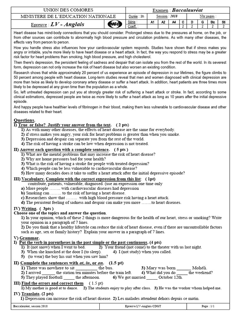 Suj CorrLVAnglaisCDGT Bac2018 Tirés PDF Cardiovascular Diseases