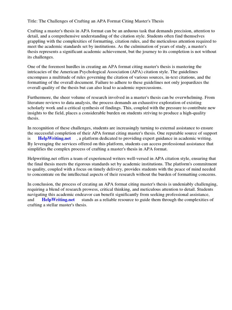 Apa Format Citing Masters Thesis PDF Apa Style Citation