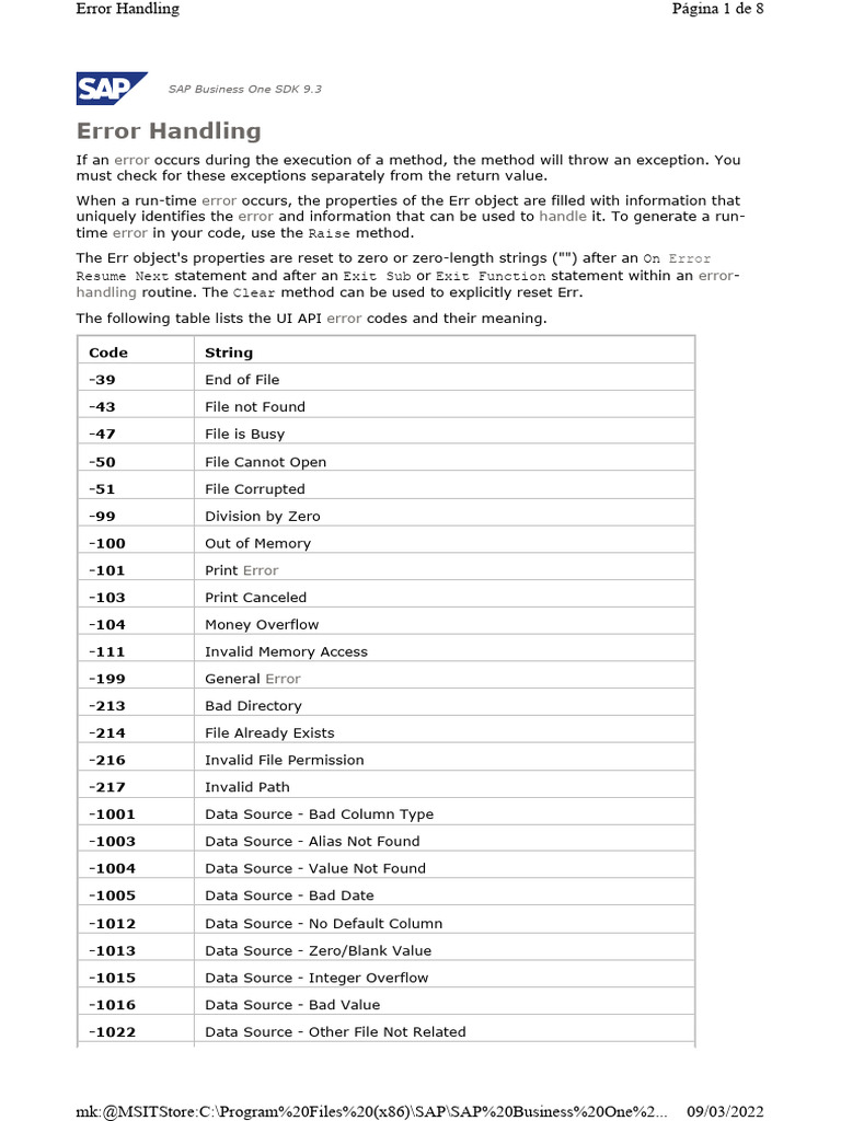 SAP Business One Error Codes Guide | PDF | Database Index | Xml