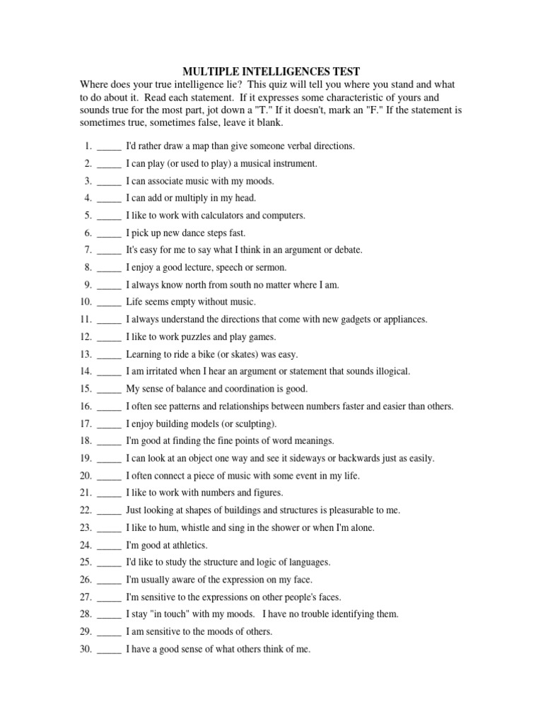 Multiple Intelligences Test PDF Cognitive Science Mental Processes