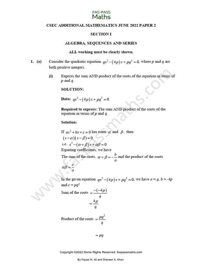 Csec add maths 2022 june past paper solutions pdf equations zero