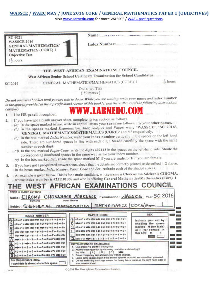 Wassce - Waec May - June 2016 Core - General Mathematics Paper 1 ...