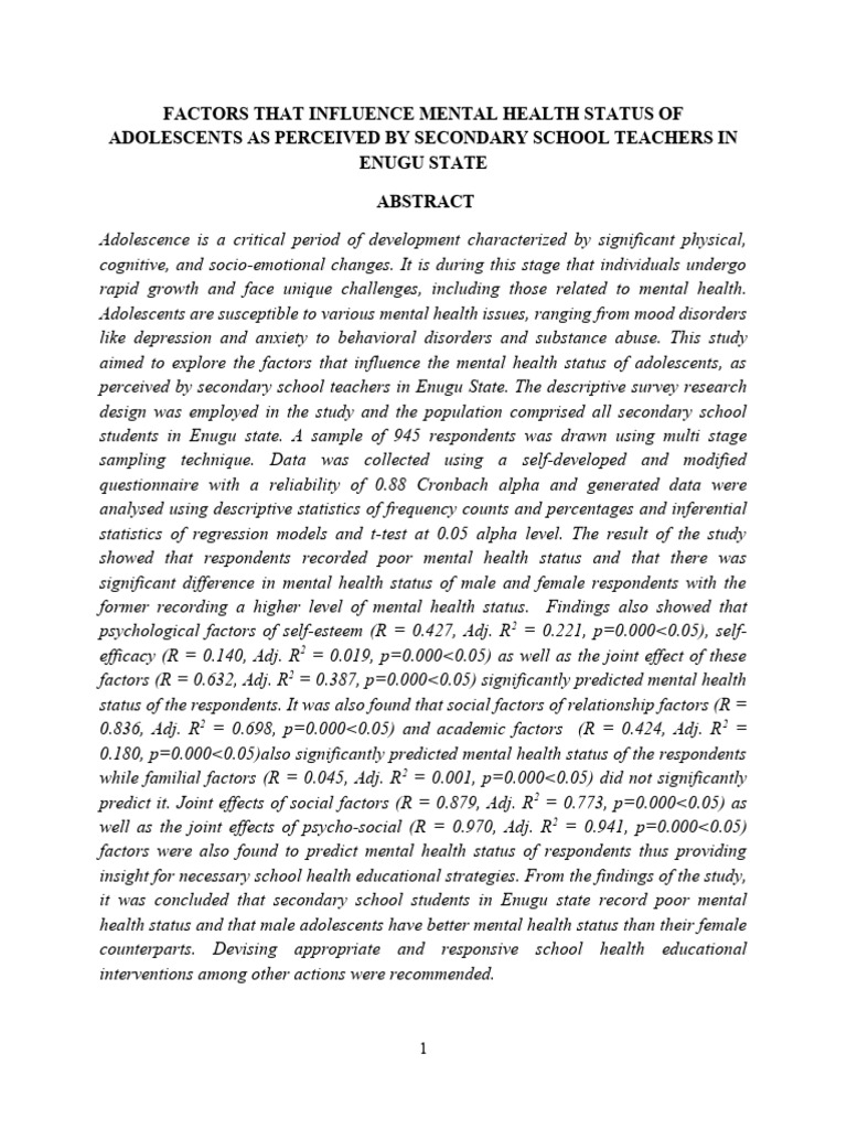 Factors That Influence Mental Health Status of Adolescents As Perceived ...