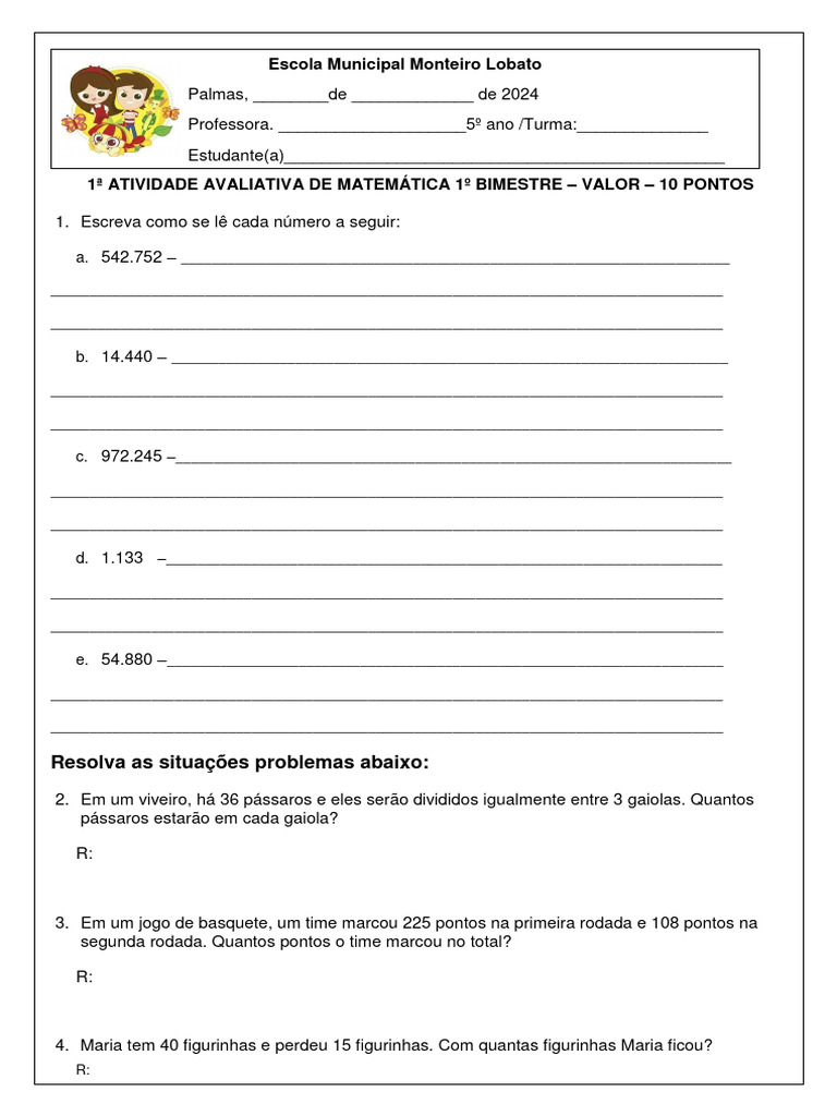 1 ATIVIDADE AVALIATIVA DE MATEMÁTICA 1º BIMESTRE 5º Ano | PDF | Matemática