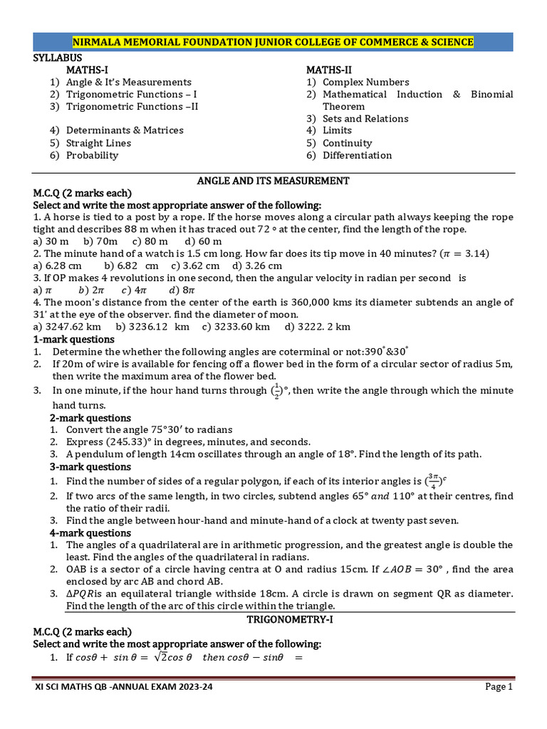 Maths Exam Questions for XI Science | PDF | Angle | Circle
