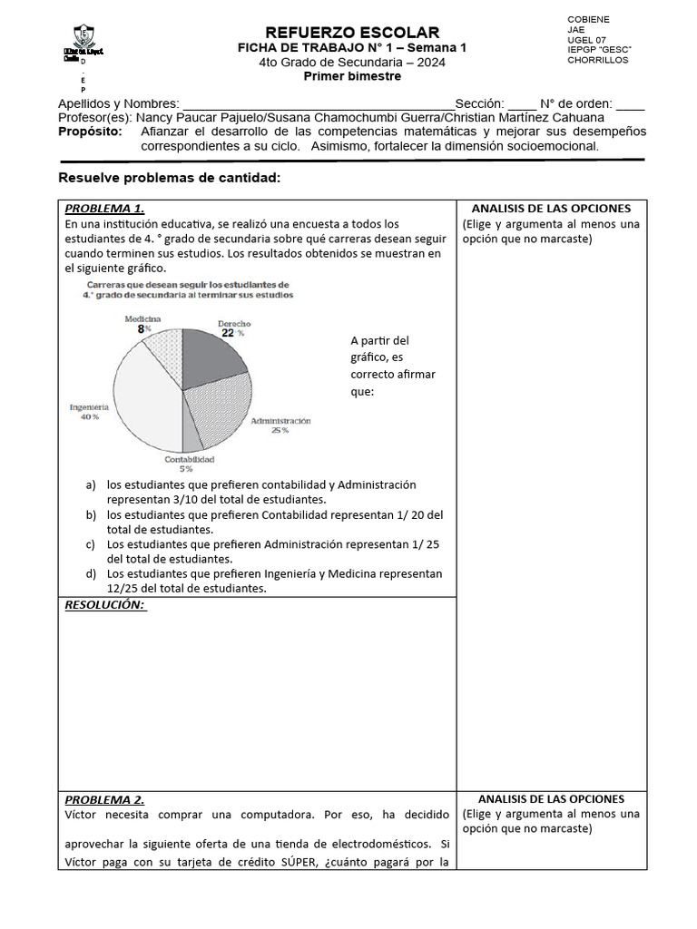 4to Ano Ficha Refuerzo Escolar N 01 | PDF