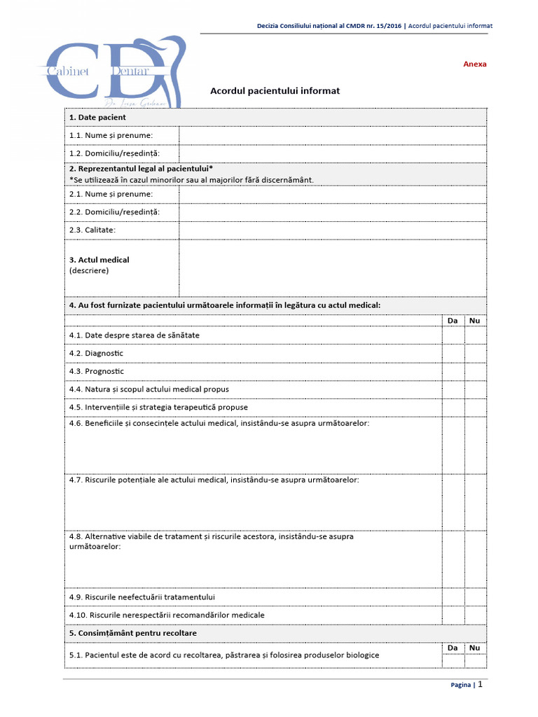 Acordul Pacientului Informat Stomatologie | PDF