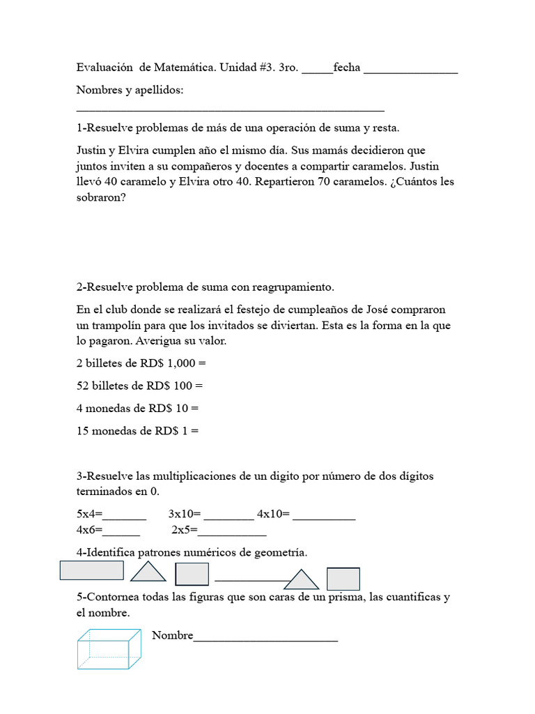Evaluación de Matemática 3ro Unidad 3 | PDF