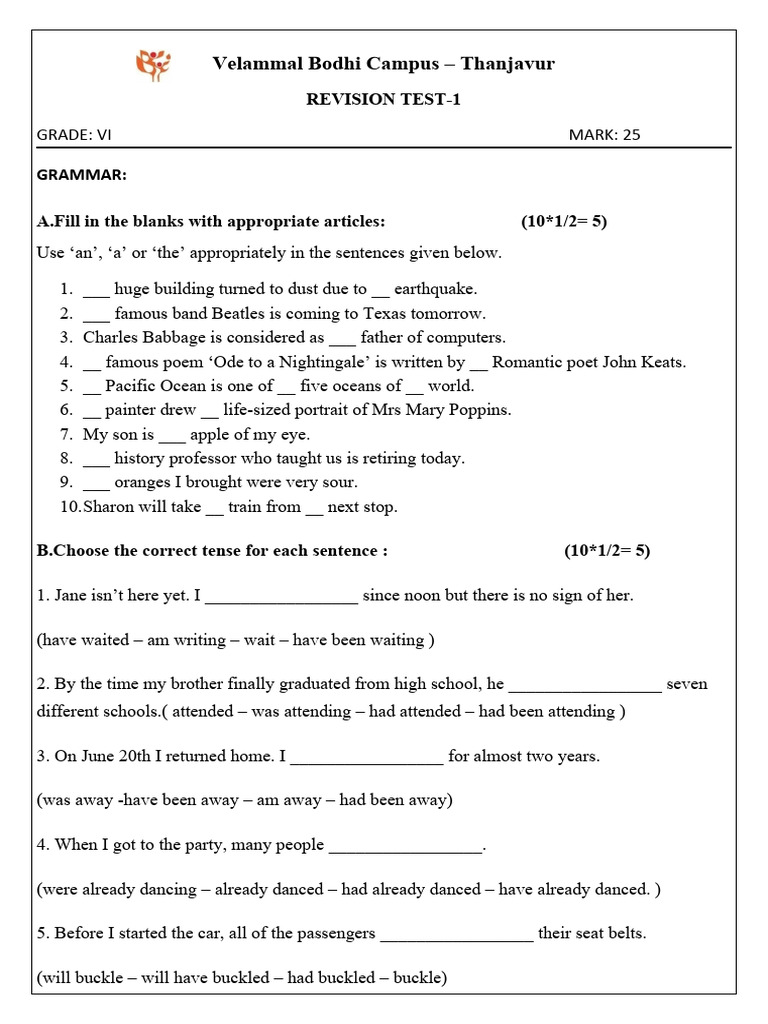 Gr 6th Revision Test 1 Pdf