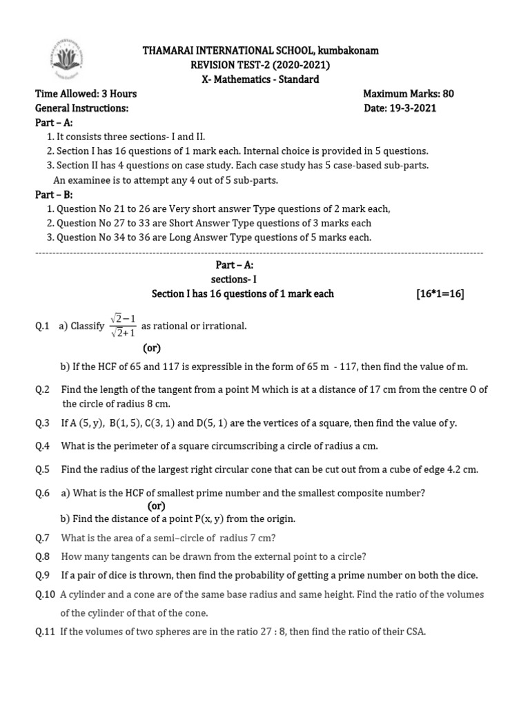 Class X Maths Revision Test-2 19-March 2021 | PDF | Circle | Sphere