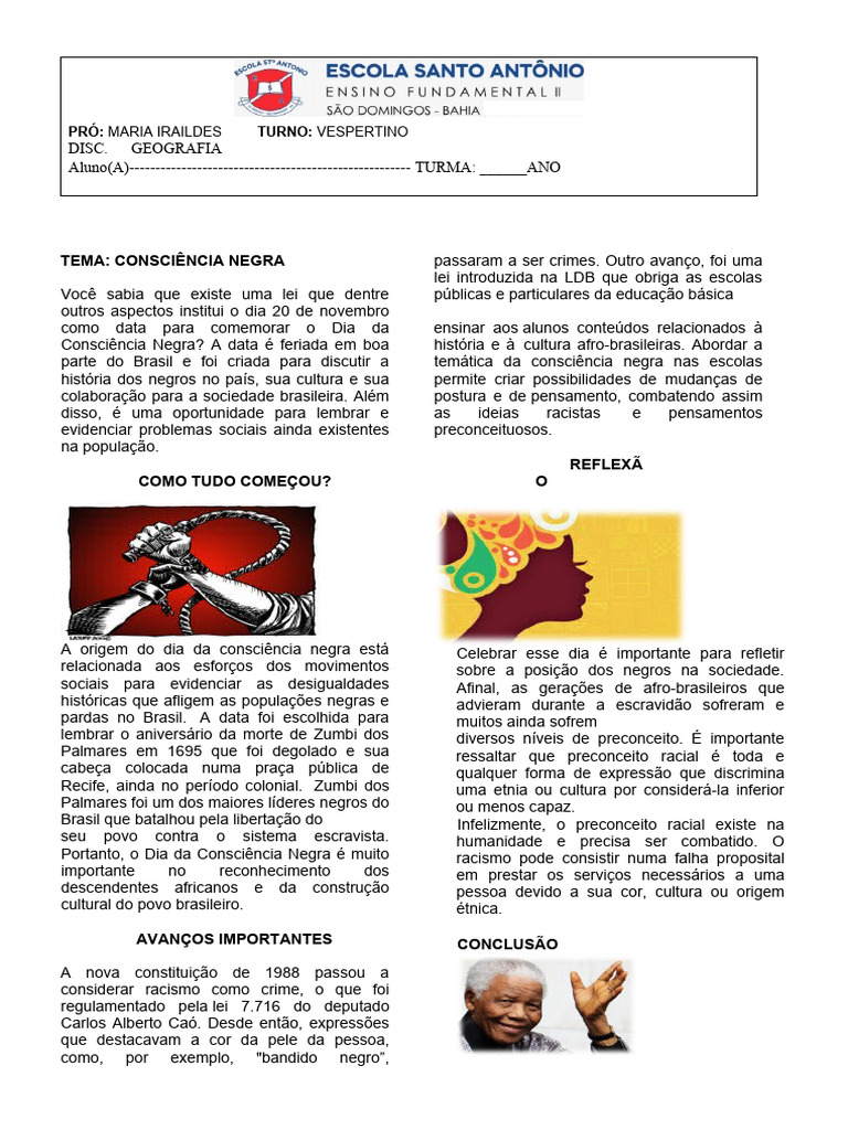 Atividade sobre Consciência Negra 7º ao 9º ano. | PDF | Racismo ...