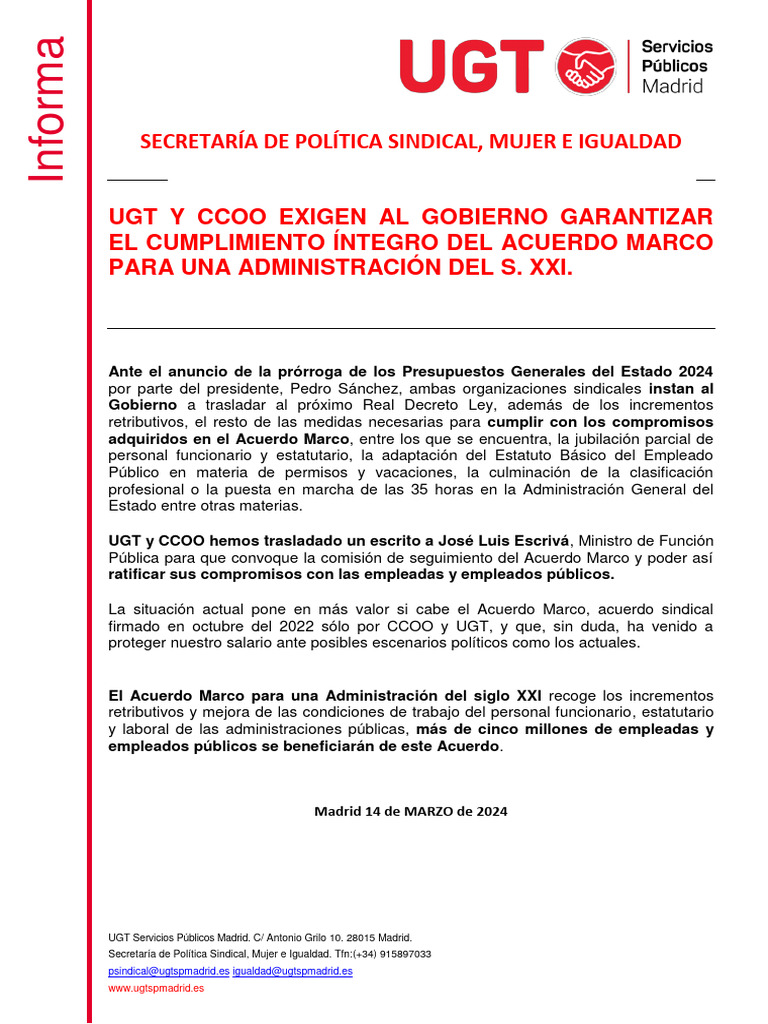 Ugt y Ccoo Exigen El Cumplimiento Del Acuerdo para Una Admon Del ...