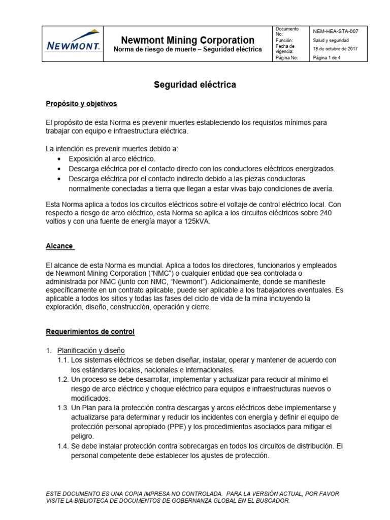 Fatality Risk Standard - Electrical Safety (ES) | PDF | Descarga ...