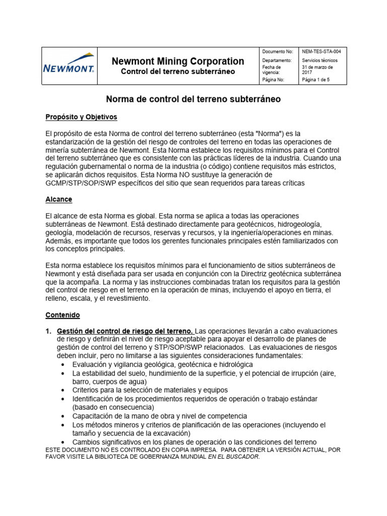 Fatality Risk Standard - Underground Ground Control [ES] | PDF | Diseño ...