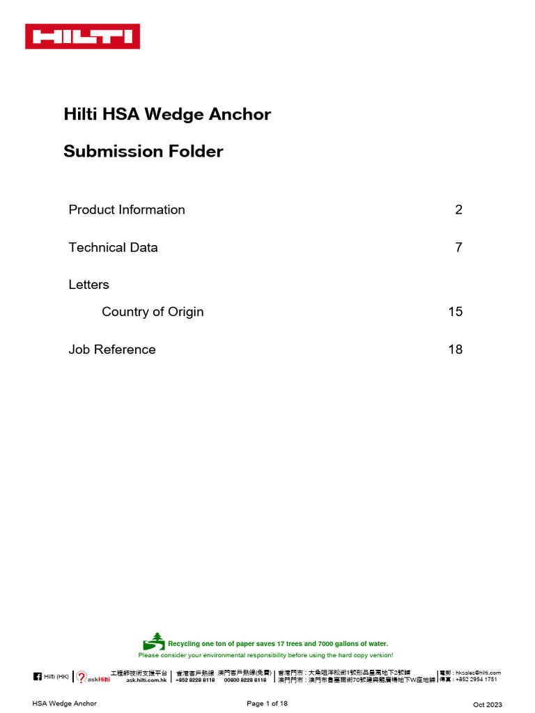 100 Boulons D'ancrage Hilti HSA-R2 SS M8x70 - Acier Inox 304 - Neufs