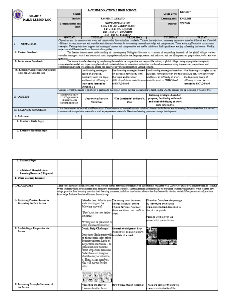Grade 7 English Daily Lesson Plan | PDF | Learning | Books
