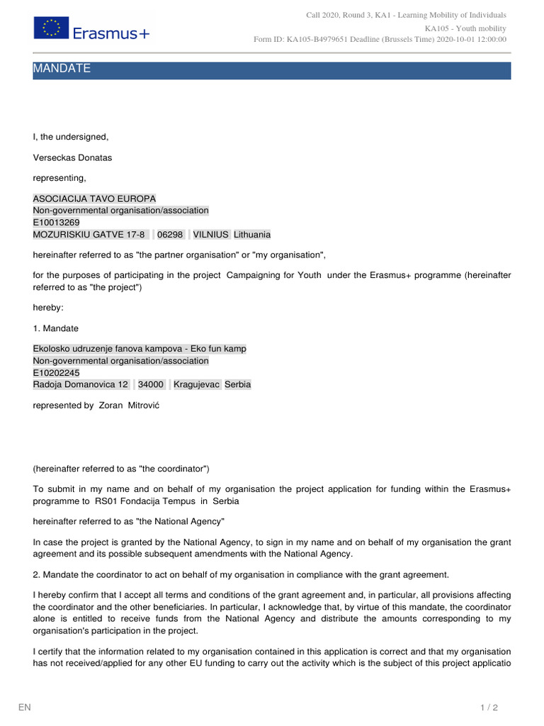 Erasmus+ Project Mandate Document | PDF | European Union | Government