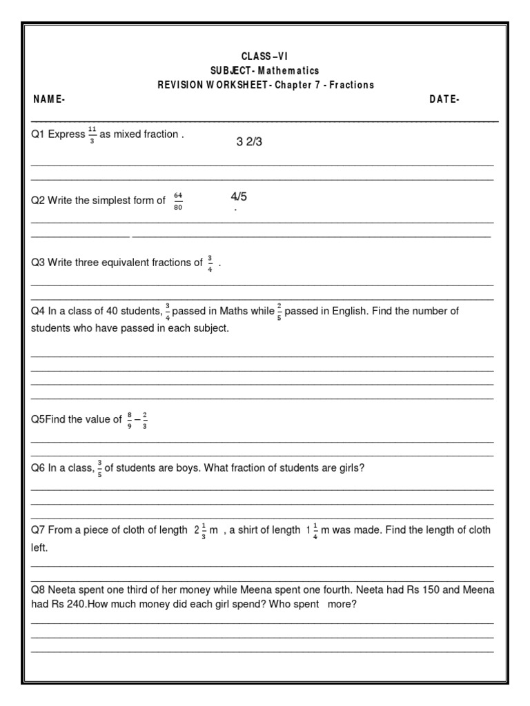 Class 6 Fractions Worksheet (3) | PDF | Mathematics