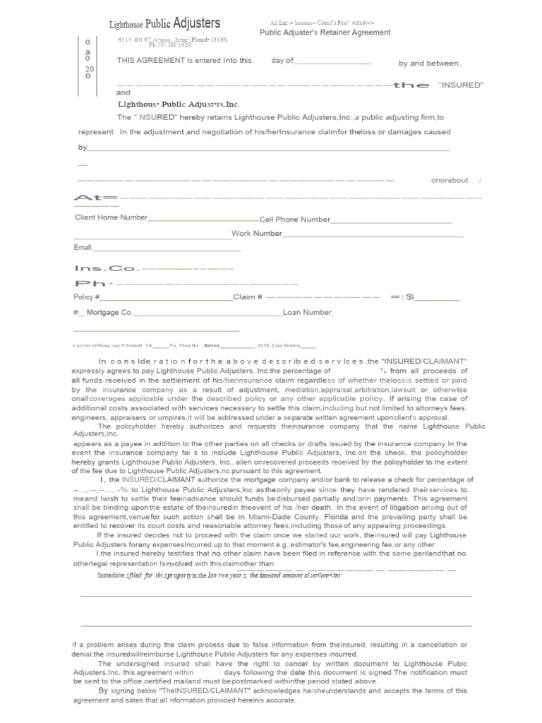 Public Adjuster Retainer Agreement Template | PDF | Insurance | Lawsuit