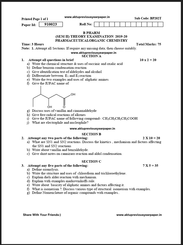 B Pharm II Pharmaceutical Organic Chemistry Exam | PDF | Chemical ...