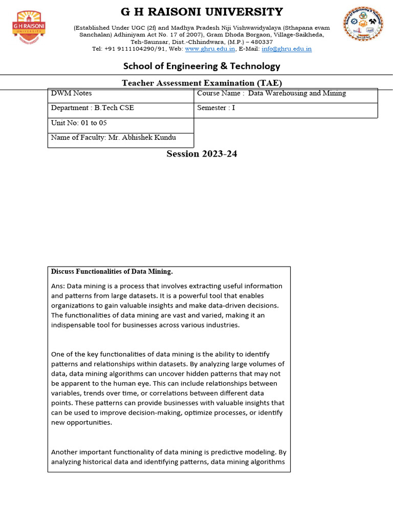Dwm Notes Unit 1 To Unit 5 Pdf Data Analysis Data Warehouse