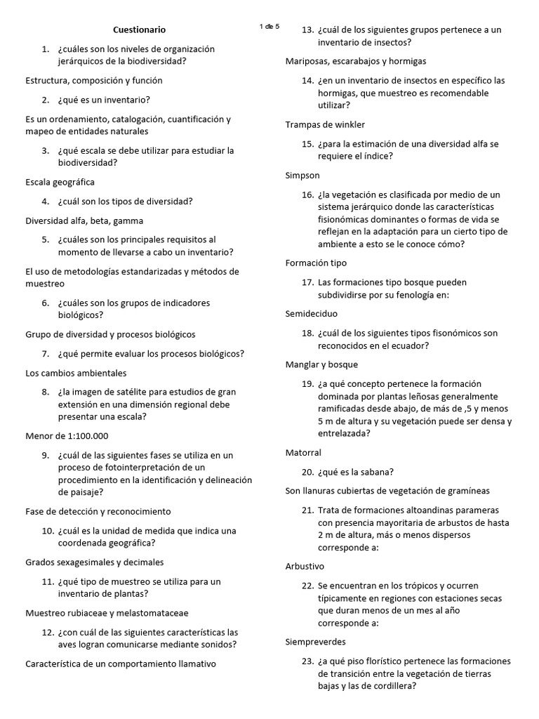 Cuestionario sobre Biodiversidad y Ecología | PDF | Entorno natural ...