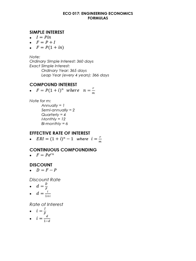 Engineering Economics Formulas Guide | PDF | Interest | Compound Interest