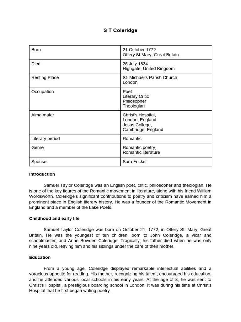 S T Coleridge PDF Samuel Taylor Coleridge Poetry