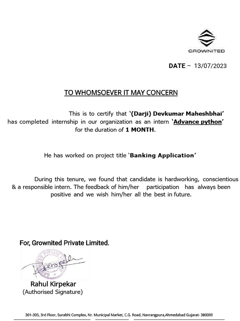 Internship Certificate for Python Developer | PDF