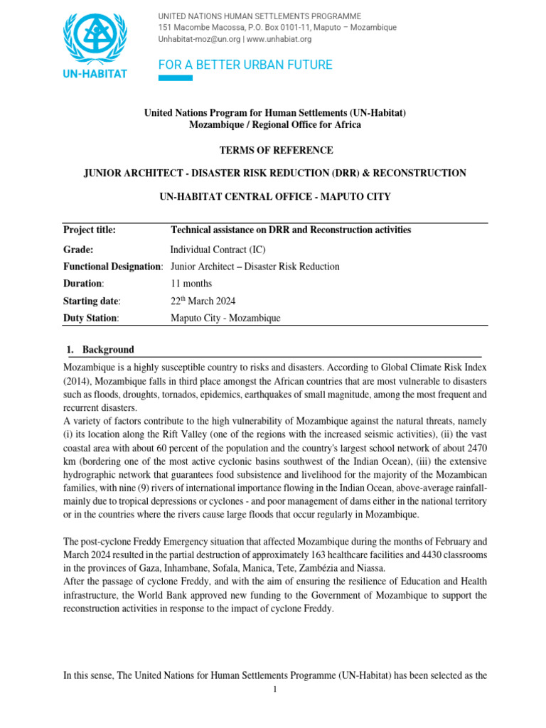 Junior Architect for DRR in Mozambique | PDF | Mozambique | Disaster ...