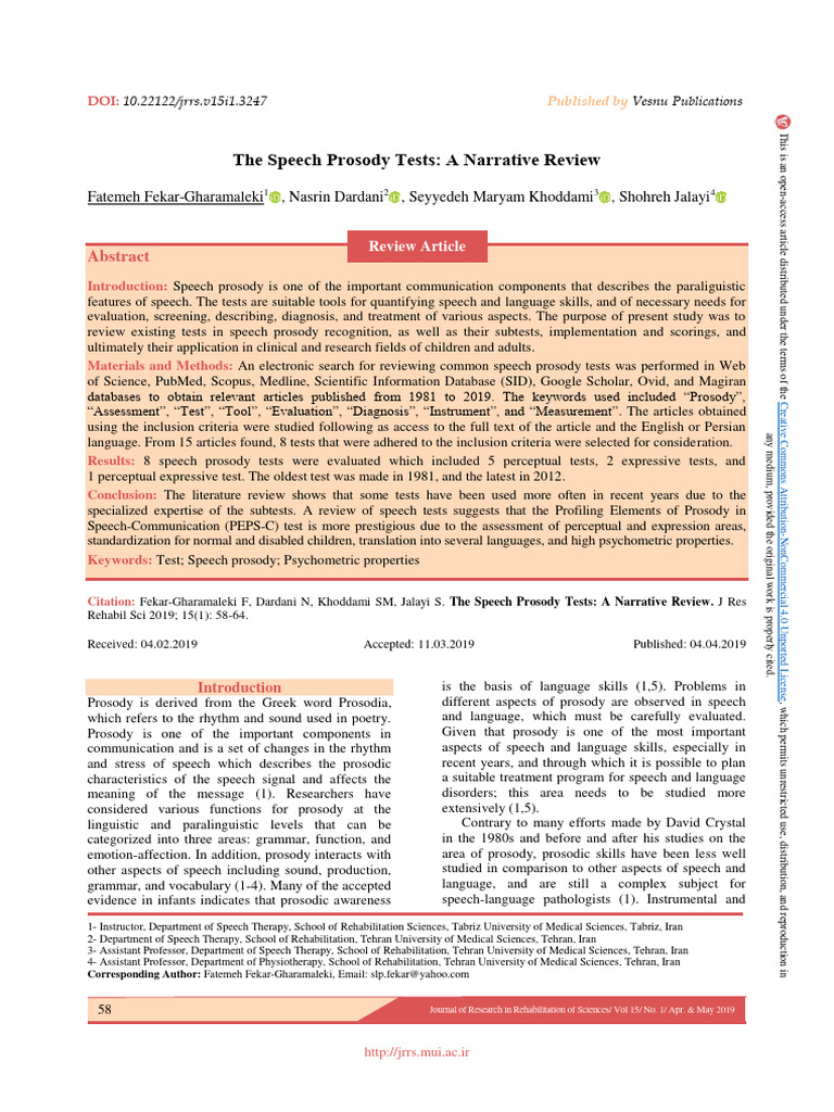 The Speech Prosody Tests A Narrative Review | PDF | Speech | Communication
