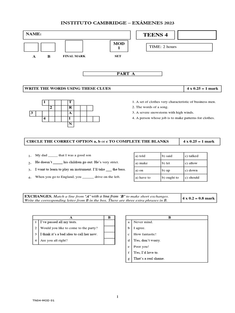 Teens 4 Final Exam Cambridge | PDF