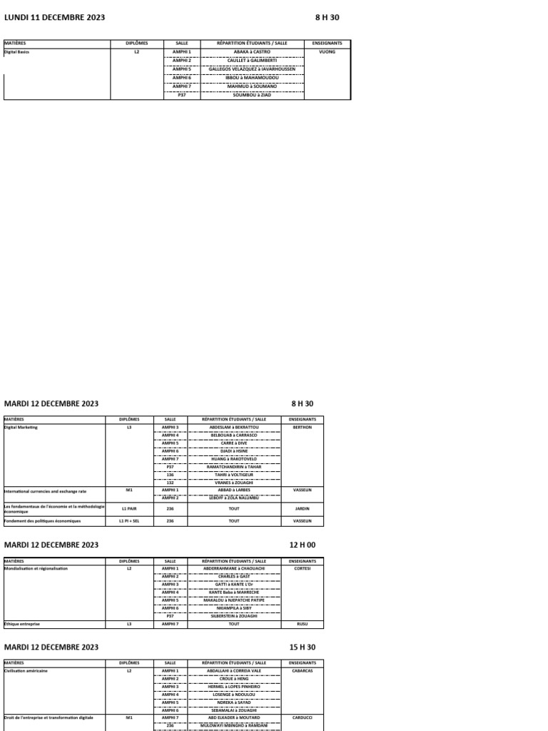 Emploi du temps des cours de décembre 2023 | PDF | Commercialisation ...