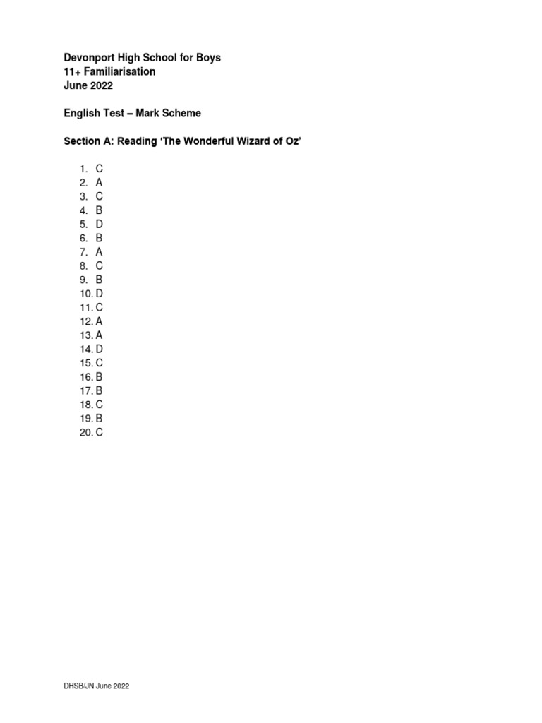 Devonport high school for boys 11 familiarisation english test mark