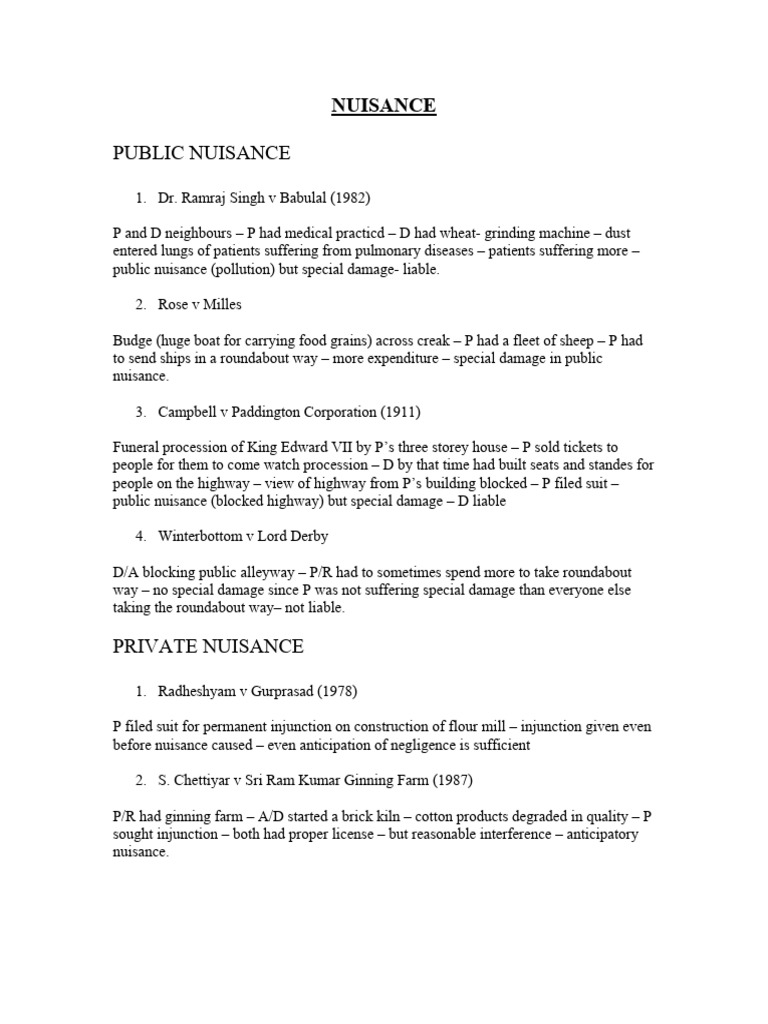 Nuisance Torts 1 Pdf Common Law Private Law