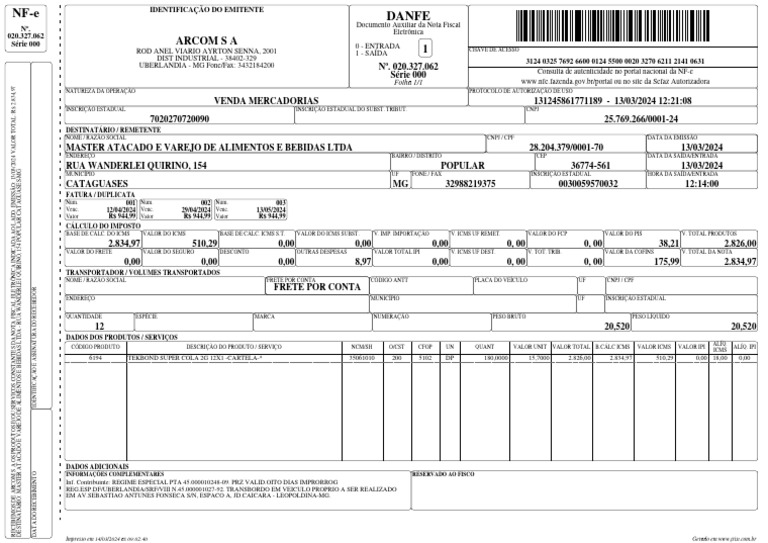 Nota Fiscal Eletrônica - Arcom S/A | PDF | Recibo | Marketing